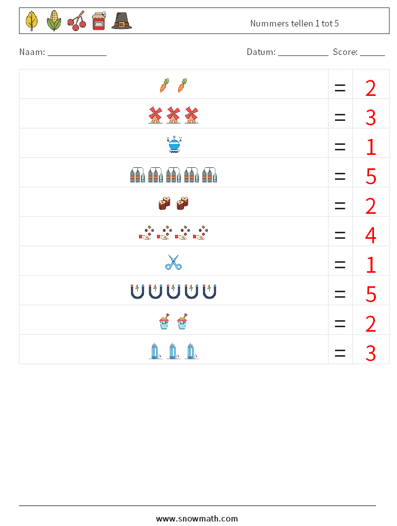 Nummers tellen 1 tot 5 Wiskundige werkbladen 7 Vraag, Antwoord