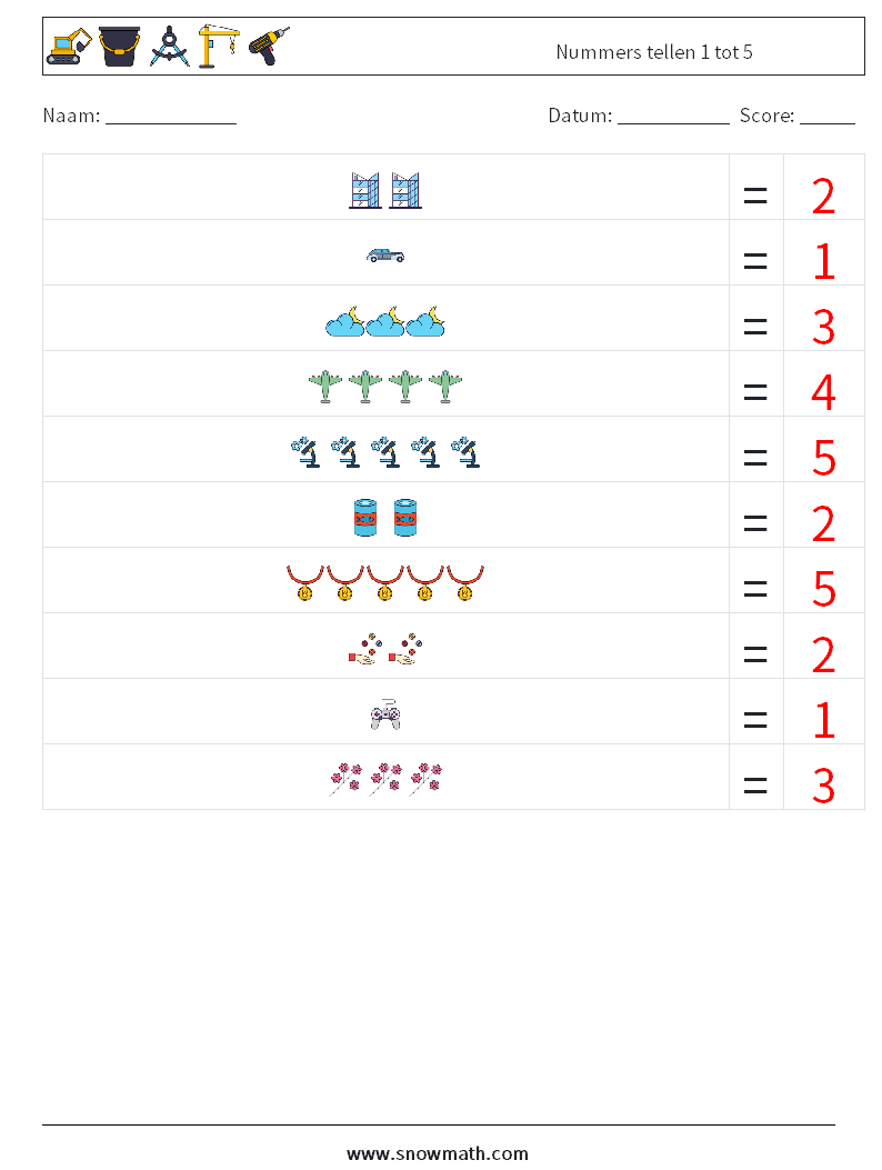 Nummers tellen 1 tot 5 Wiskundige werkbladen 8 Vraag, Antwoord