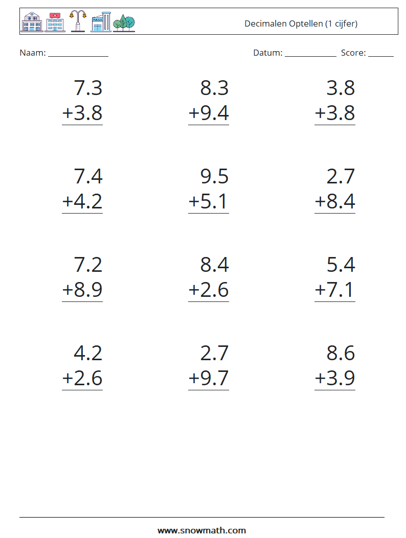 (12) Decimalen Optellen (1 cijfer) Wiskundige werkbladen 1