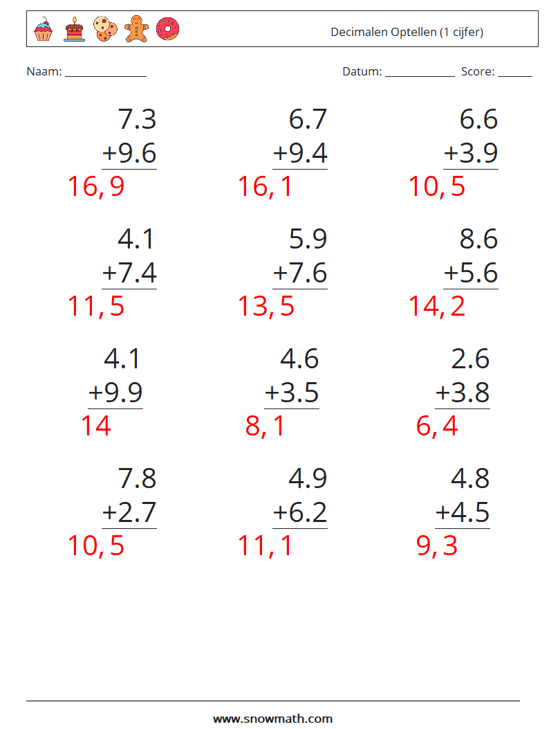 (12) Decimalen Optellen (1 cijfer) Wiskundige werkbladen 11 Vraag, Antwoord