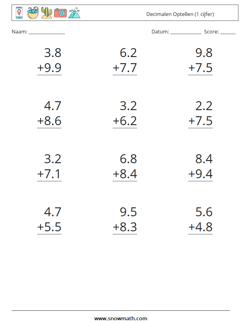 (12) Decimalen Optellen (1 cijfer) Wiskundige werkbladen 12