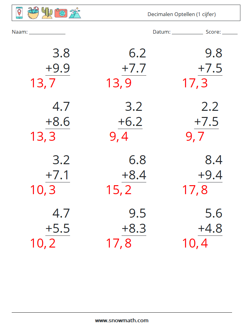 (12) Decimalen Optellen (1 cijfer) Wiskundige werkbladen 12 Vraag, Antwoord