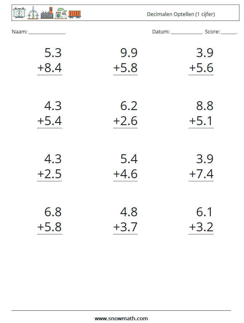 (12) Decimalen Optellen (1 cijfer) Wiskundige werkbladen 13