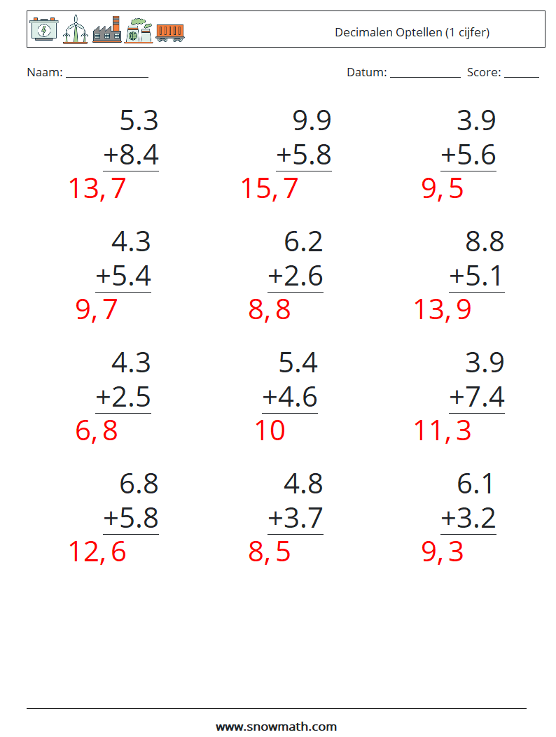 (12) Decimalen Optellen (1 cijfer) Wiskundige werkbladen 13 Vraag, Antwoord