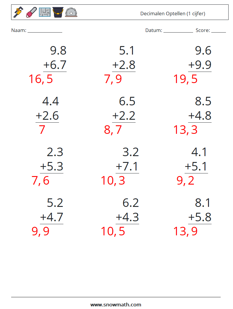 (12) Decimalen Optellen (1 cijfer) Wiskundige werkbladen 14 Vraag, Antwoord