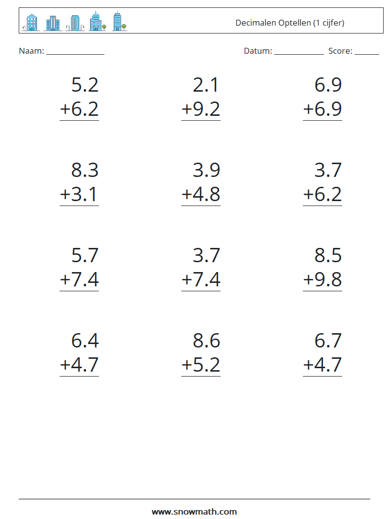 (12) Decimalen Optellen (1 cijfer) Wiskundige werkbladen 15