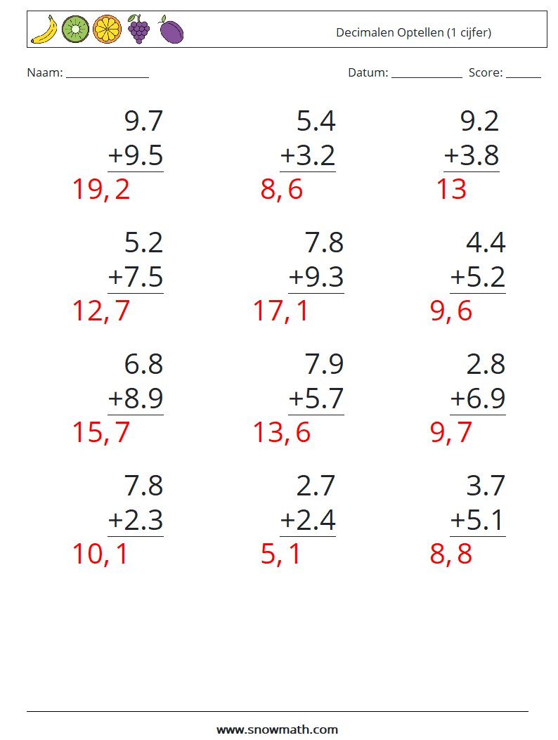 (12) Decimalen Optellen (1 cijfer) Wiskundige werkbladen 16 Vraag, Antwoord