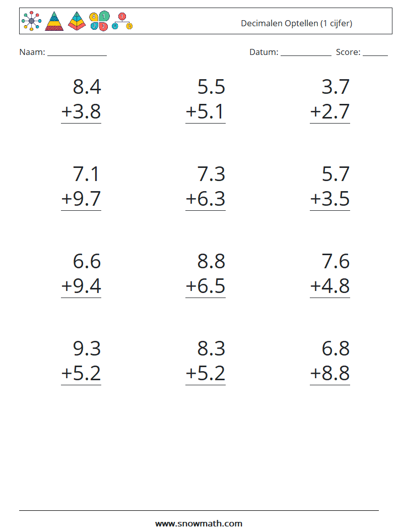 (12) Decimalen Optellen (1 cijfer) Wiskundige werkbladen 17