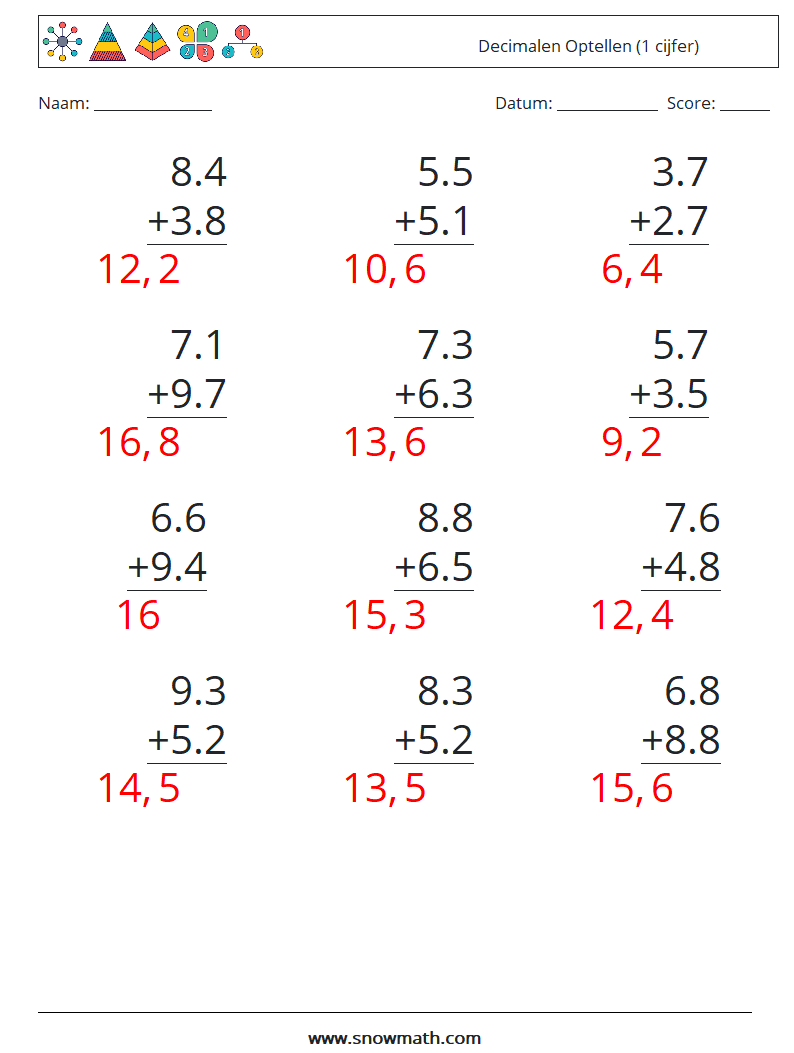(12) Decimalen Optellen (1 cijfer) Wiskundige werkbladen 17 Vraag, Antwoord