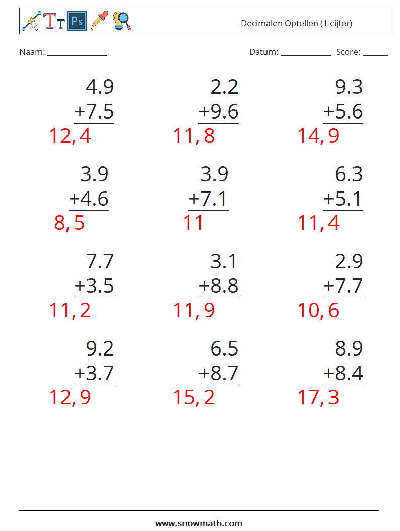 (12) Decimalen Optellen (1 cijfer) Wiskundige werkbladen 18 Vraag, Antwoord