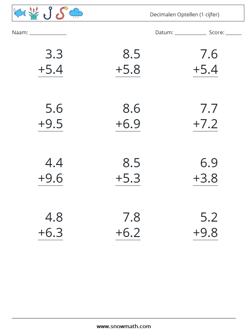 (12) Decimalen Optellen (1 cijfer) Wiskundige werkbladen 2