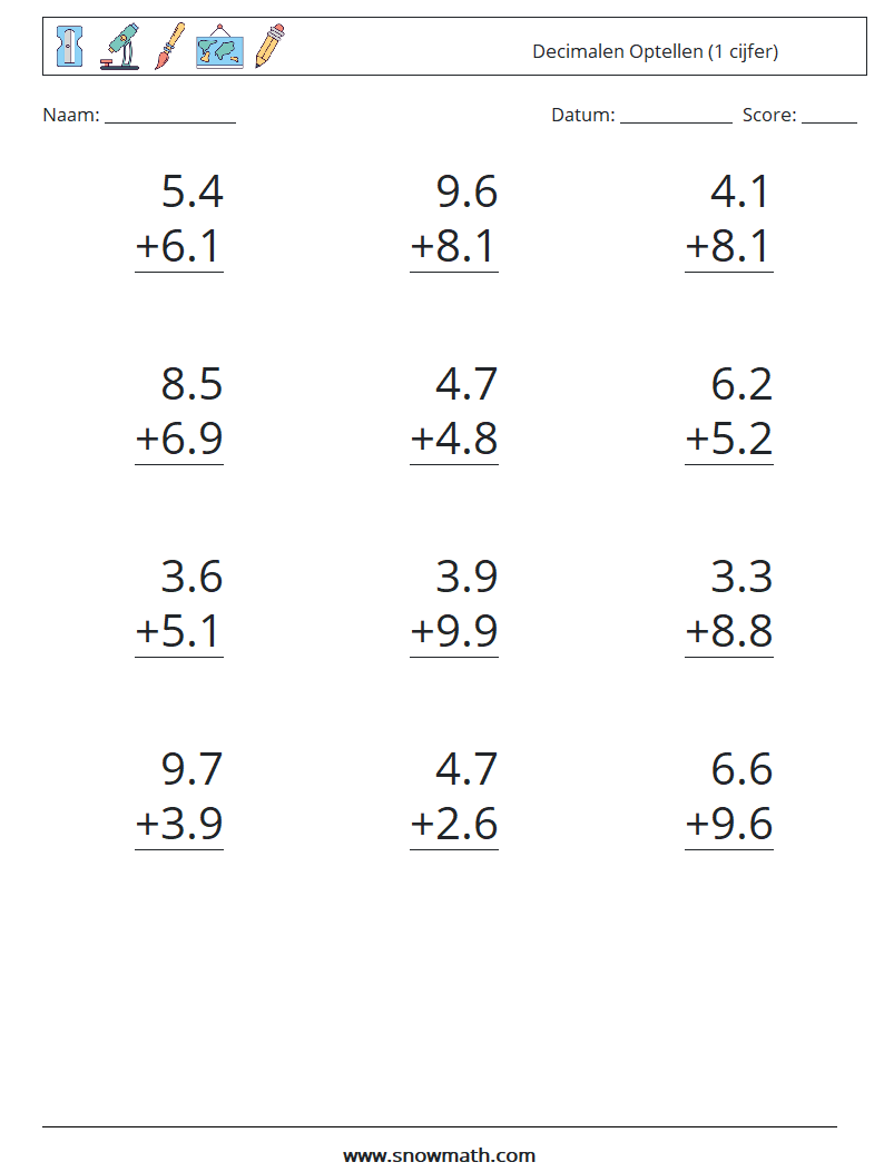 (12) Decimalen Optellen (1 cijfer) Wiskundige werkbladen 3