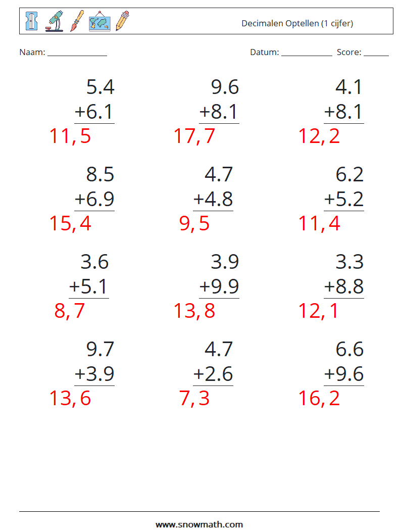 (12) Decimalen Optellen (1 cijfer) Wiskundige werkbladen 3 Vraag, Antwoord