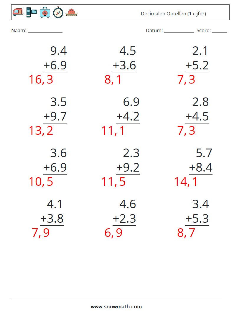 (12) Decimalen Optellen (1 cijfer) Wiskundige werkbladen 4 Vraag, Antwoord