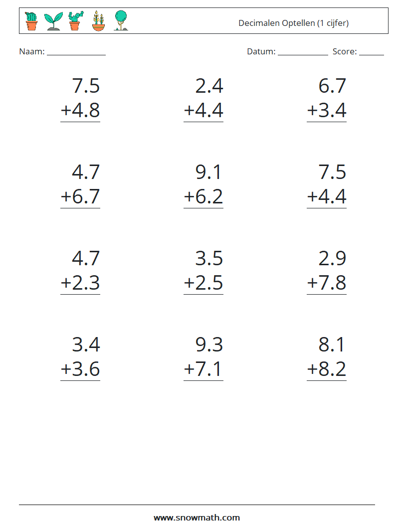 (12) Decimalen Optellen (1 cijfer) Wiskundige werkbladen 6
