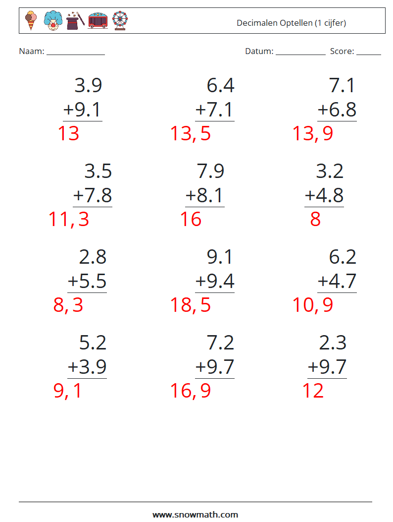 (12) Decimalen Optellen (1 cijfer) Wiskundige werkbladen 9 Vraag, Antwoord