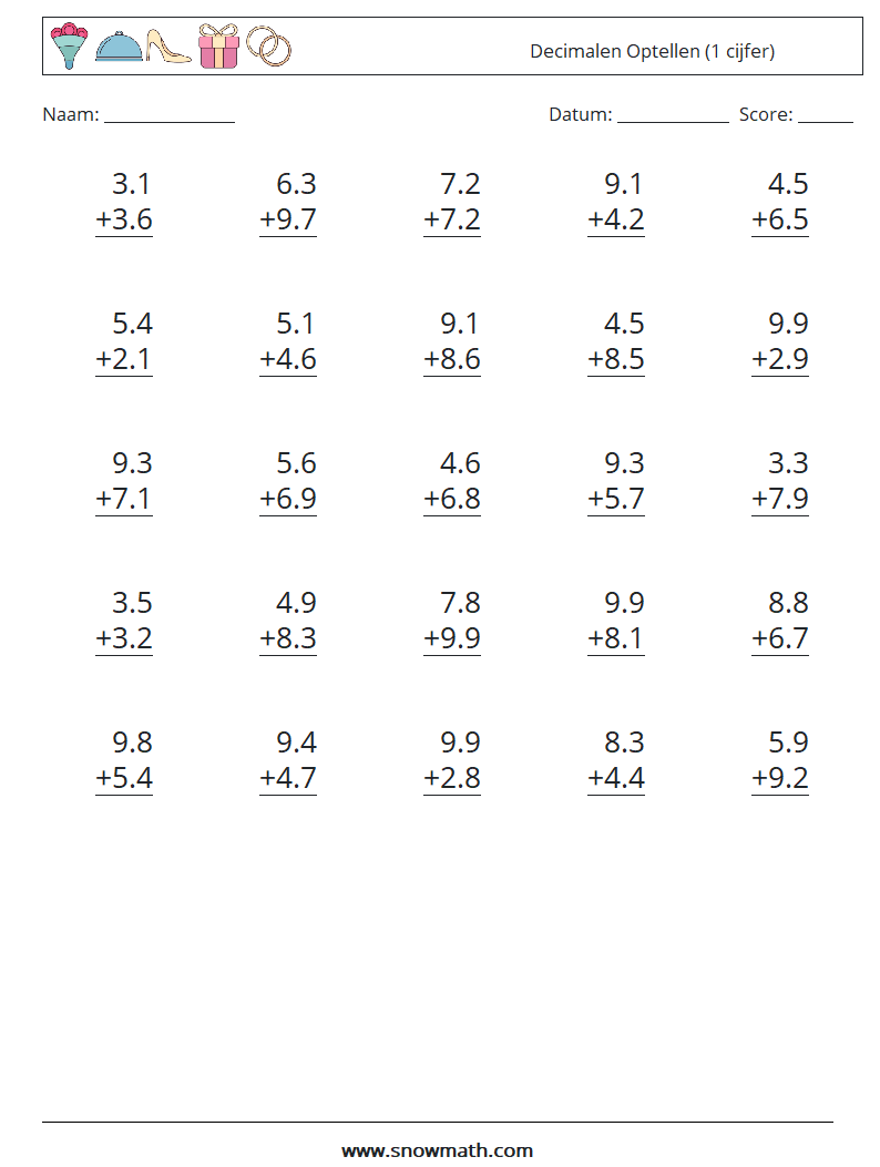 (25) Decimalen Optellen (1 cijfer)