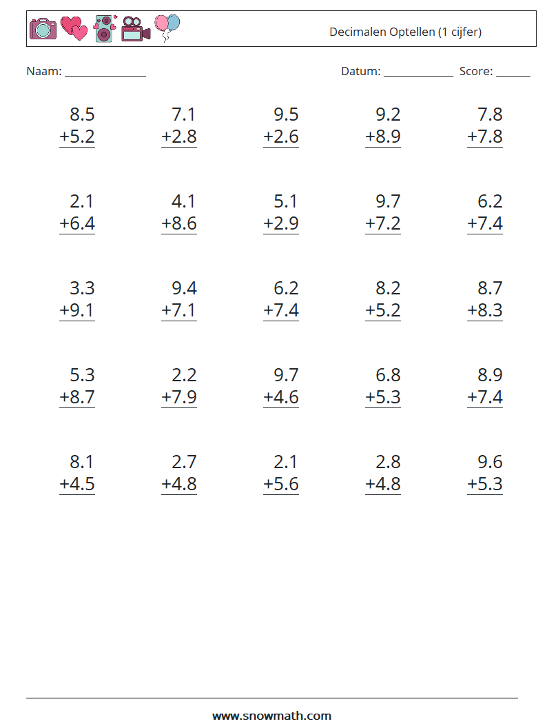 (25) Decimalen Optellen (1 cijfer) Wiskundige werkbladen 10