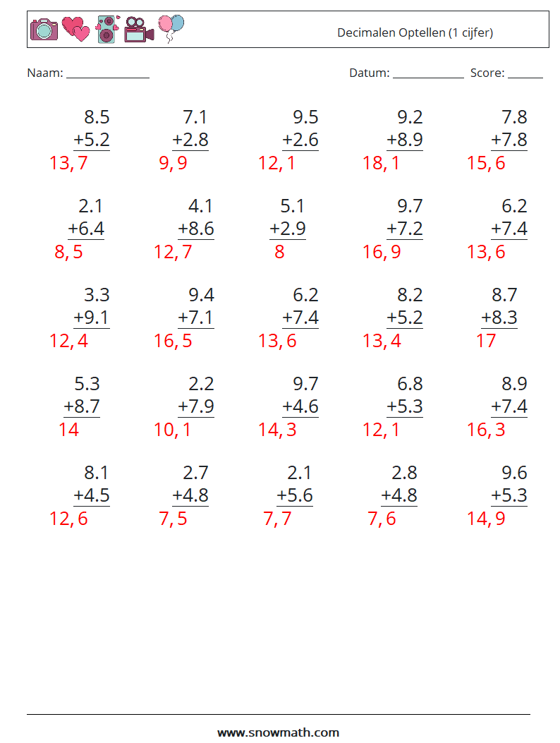 (25) Decimalen Optellen (1 cijfer) Wiskundige werkbladen 10 Vraag, Antwoord