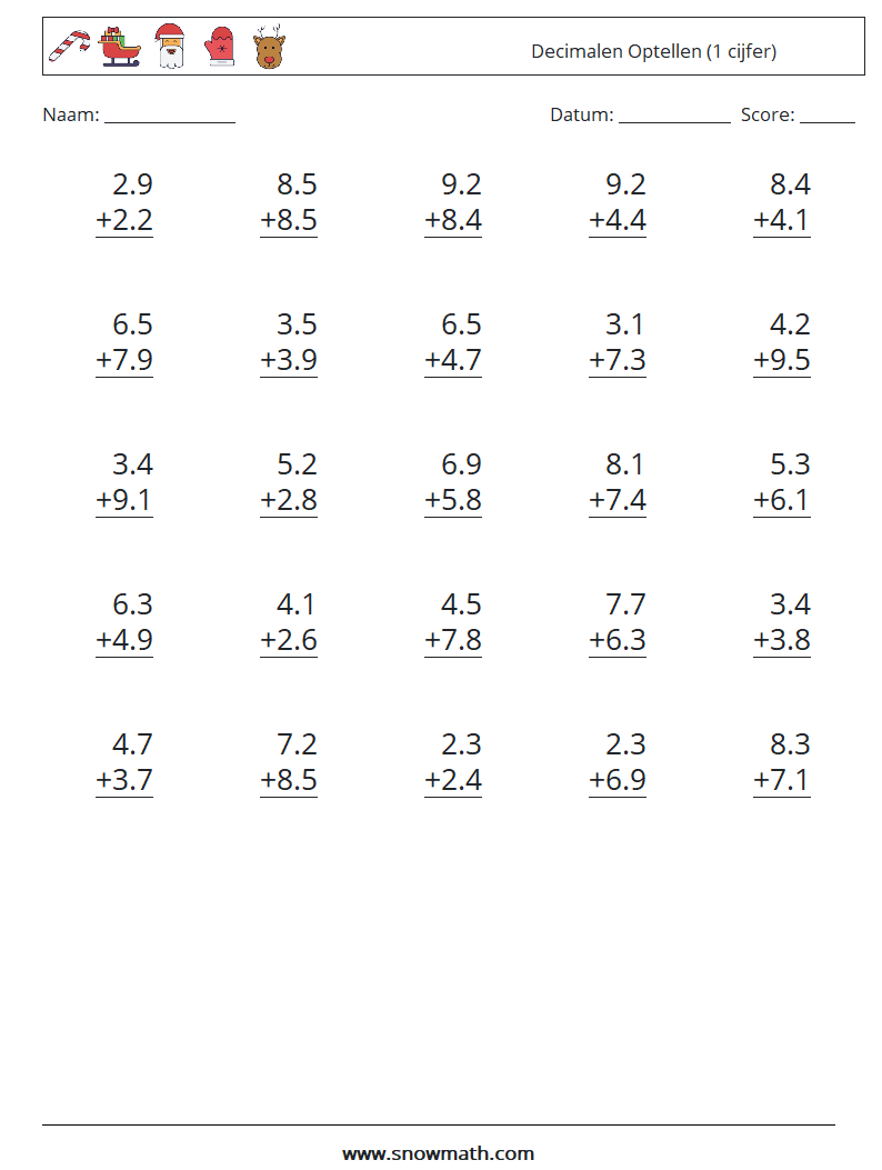 (25) Decimalen Optellen (1 cijfer) Wiskundige werkbladen 11