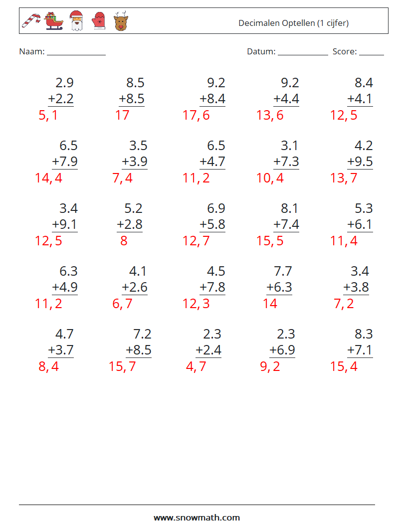 (25) Decimalen Optellen (1 cijfer) Wiskundige werkbladen 11 Vraag, Antwoord