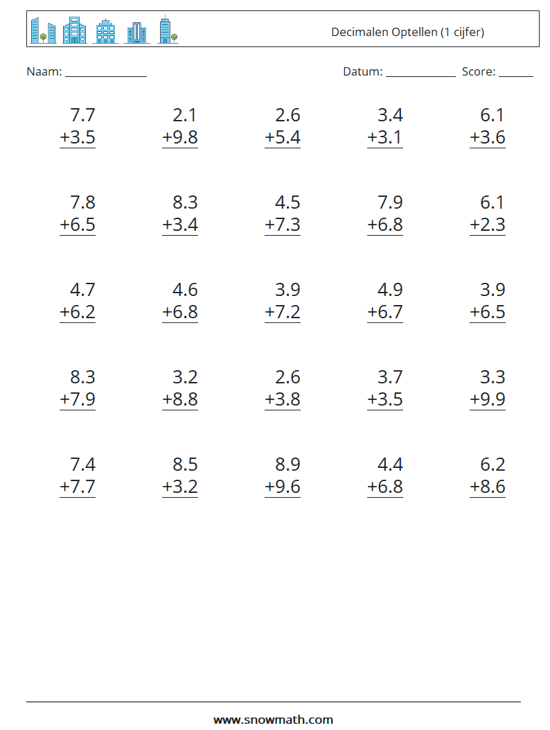 (25) Decimalen Optellen (1 cijfer) Wiskundige werkbladen 12