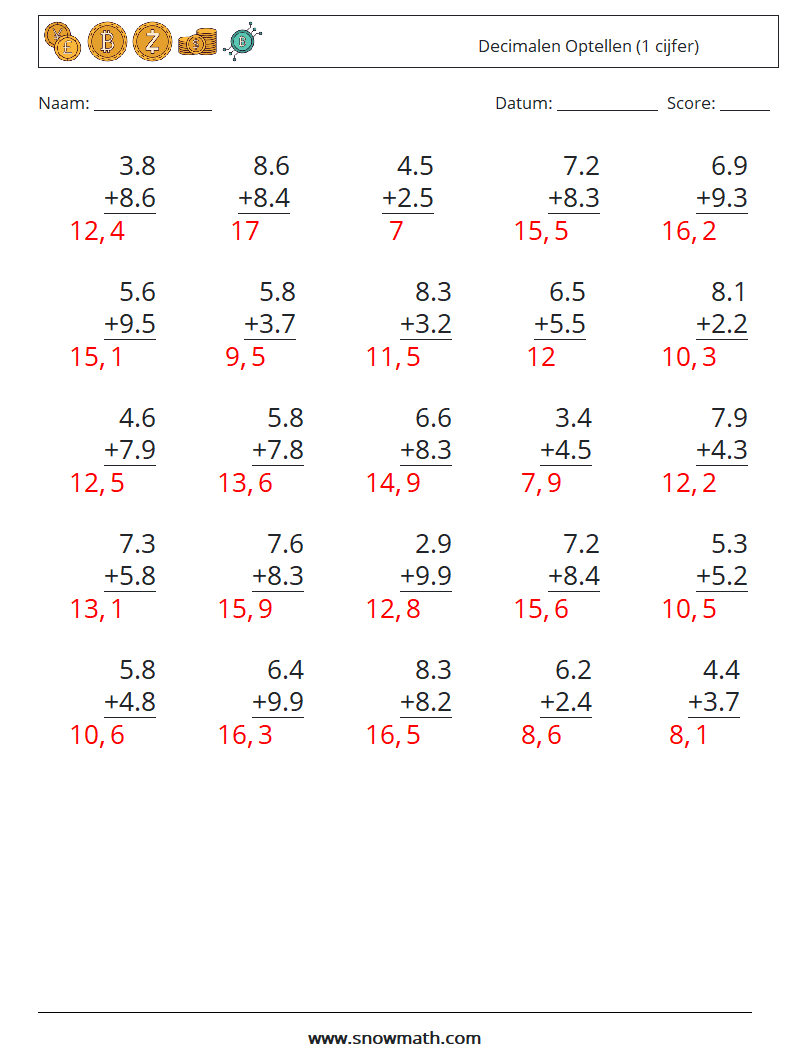 (25) Decimalen Optellen (1 cijfer) Wiskundige werkbladen 14 Vraag, Antwoord