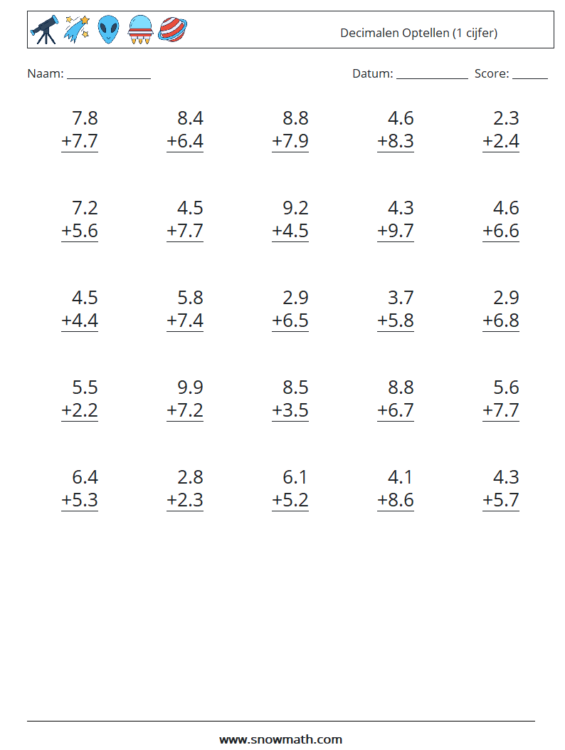 (25) Decimalen Optellen (1 cijfer) Wiskundige werkbladen 15