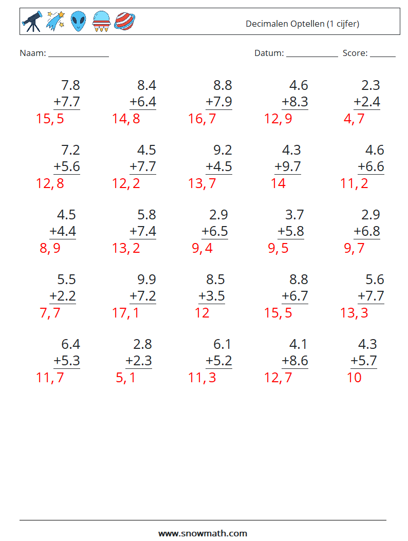 (25) Decimalen Optellen (1 cijfer) Wiskundige werkbladen 15 Vraag, Antwoord