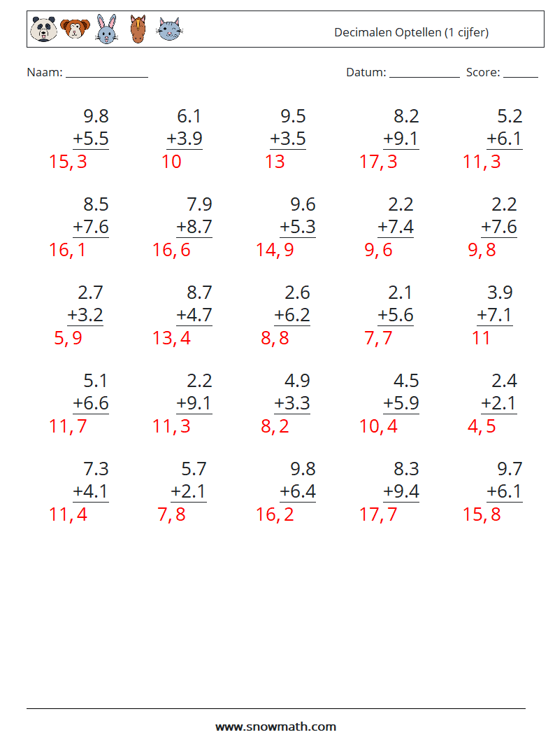 (25) Decimalen Optellen (1 cijfer) Wiskundige werkbladen 16 Vraag, Antwoord