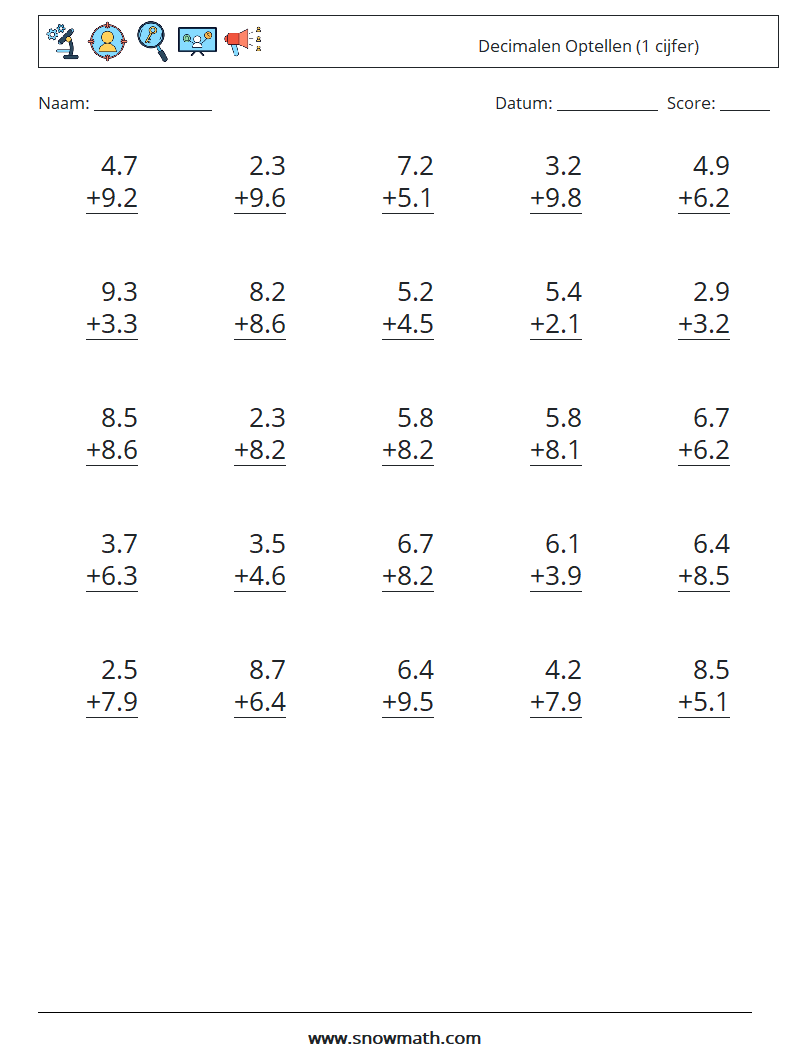 (25) Decimalen Optellen (1 cijfer) Wiskundige werkbladen 17