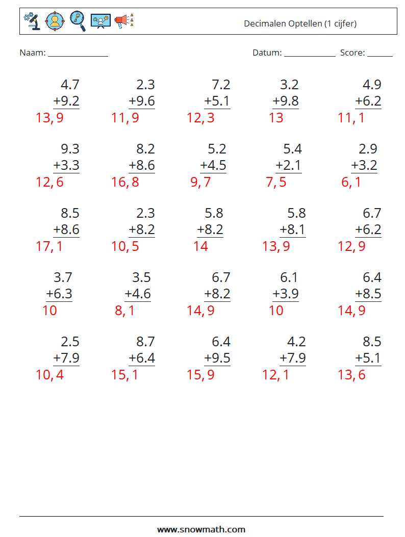 (25) Decimalen Optellen (1 cijfer) Wiskundige werkbladen 17 Vraag, Antwoord
