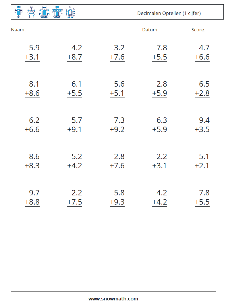 (25) Decimalen Optellen (1 cijfer) Wiskundige werkbladen 18