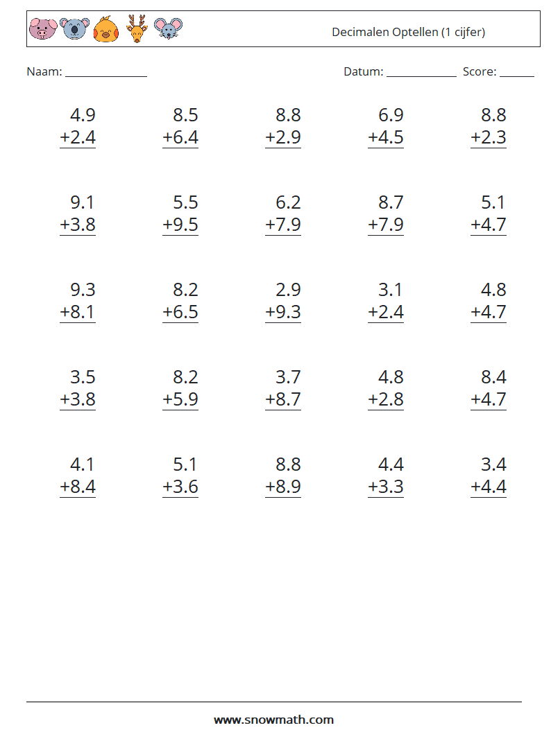 (25) Decimalen Optellen (1 cijfer) Wiskundige werkbladen 2