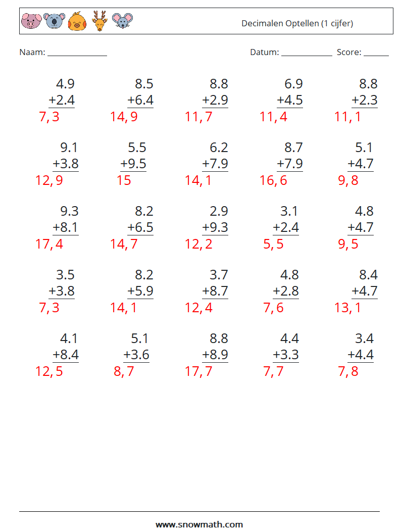 (25) Decimalen Optellen (1 cijfer) Wiskundige werkbladen 2 Vraag, Antwoord
