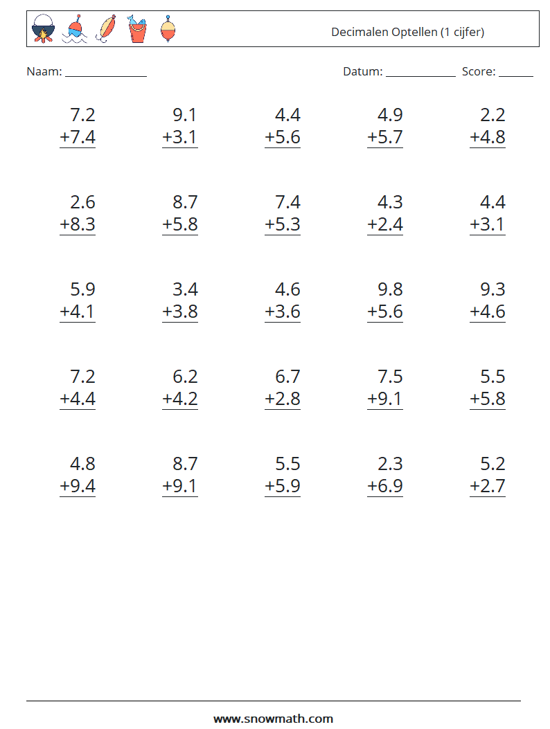 (25) Decimalen Optellen (1 cijfer) Wiskundige werkbladen 3