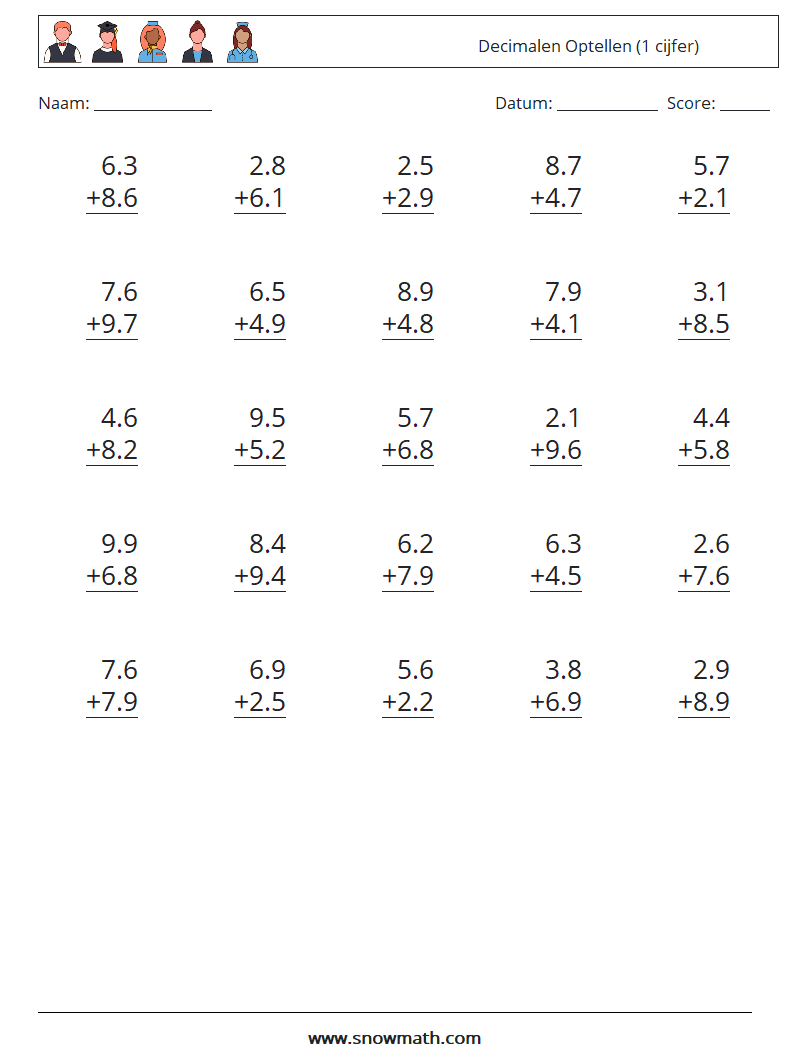 (25) Decimalen Optellen (1 cijfer) Wiskundige werkbladen 4
