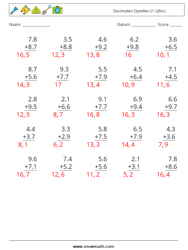 (25) Decimalen Optellen (1 cijfer) Wiskundige werkbladen 6 Vraag, Antwoord