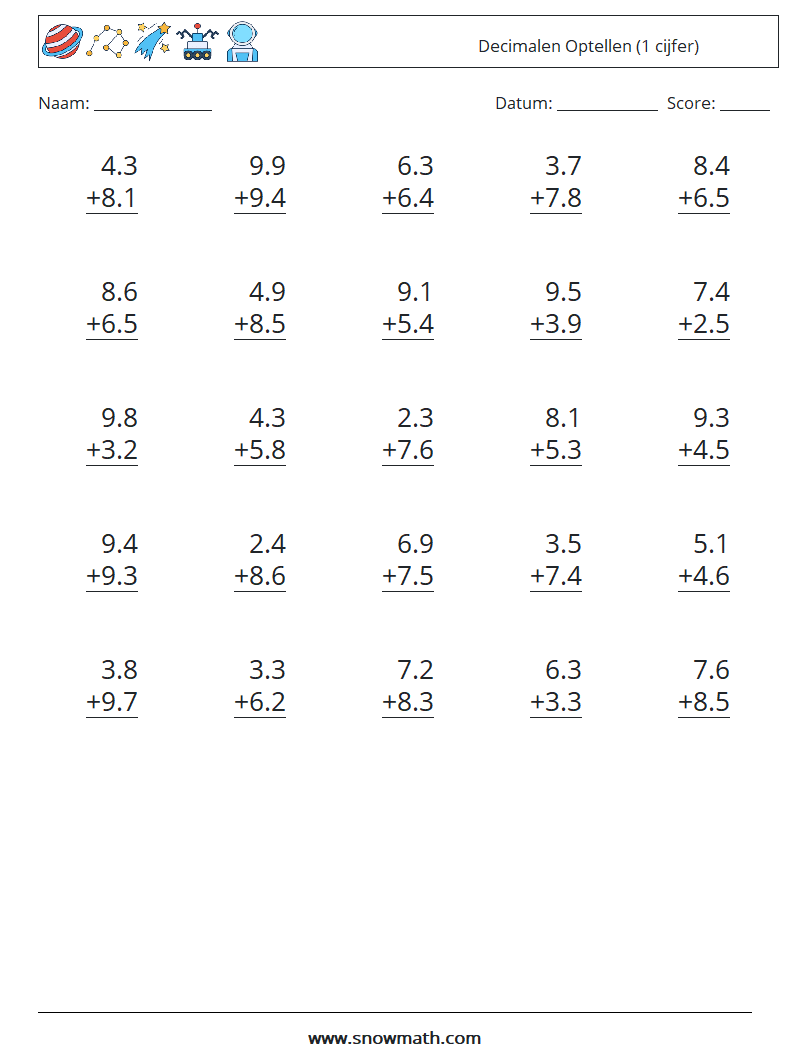 (25) Decimalen Optellen (1 cijfer) Wiskundige werkbladen 7