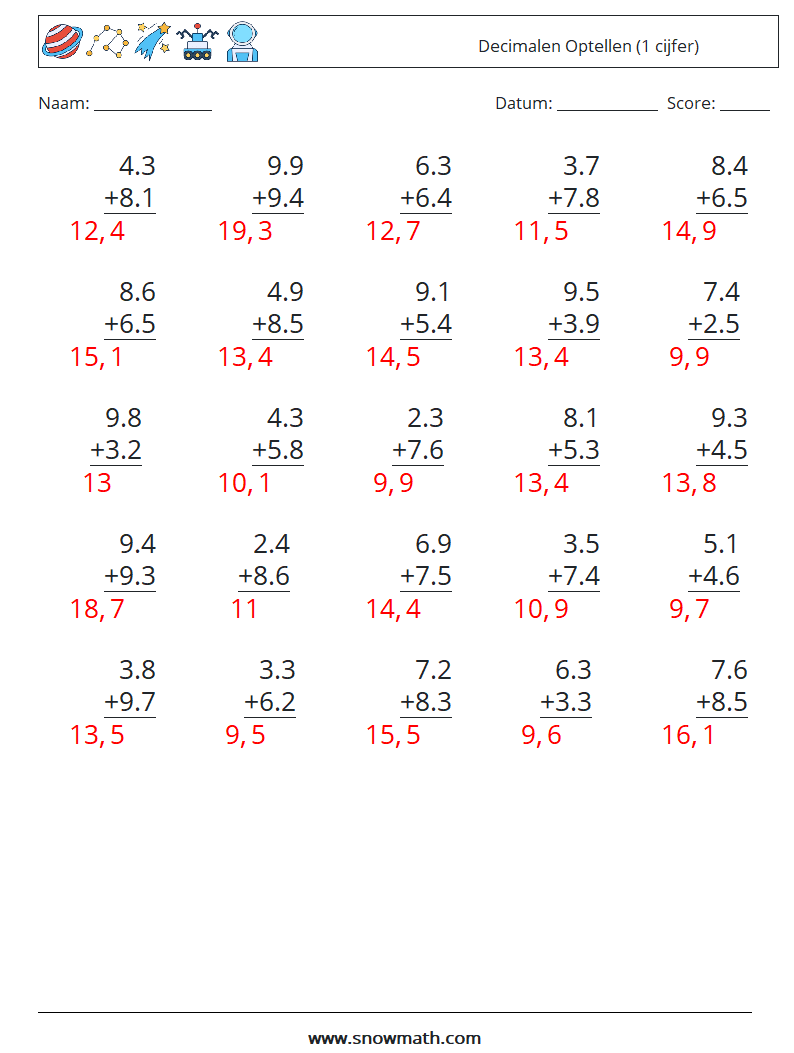 (25) Decimalen Optellen (1 cijfer) Wiskundige werkbladen 7 Vraag, Antwoord
