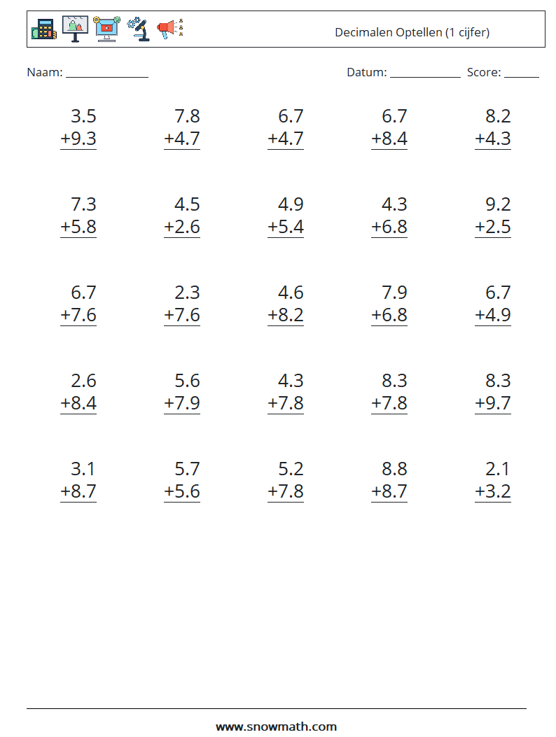 (25) Decimalen Optellen (1 cijfer) Wiskundige werkbladen 8