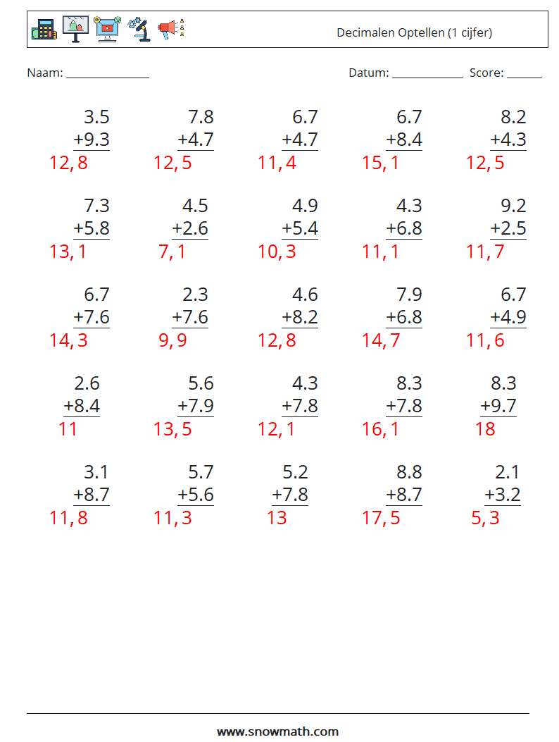 (25) Decimalen Optellen (1 cijfer) Wiskundige werkbladen 8 Vraag, Antwoord