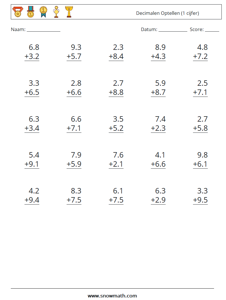 (25) Decimalen Optellen (1 cijfer) Wiskundige werkbladen 9