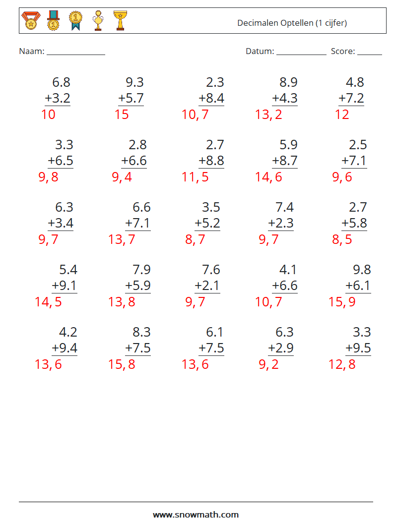 (25) Decimalen Optellen (1 cijfer) Wiskundige werkbladen 9 Vraag, Antwoord