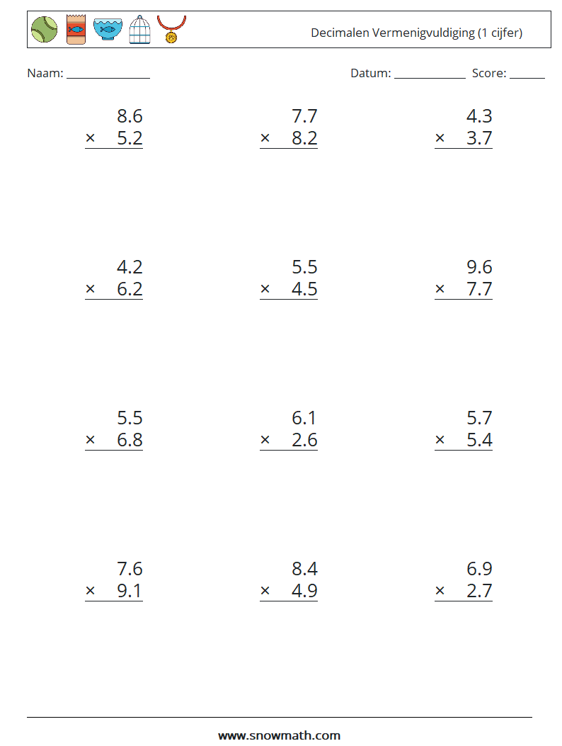 (12) Decimalen Vermenigvuldiging (1 cijfer) Wiskundige werkbladen 10