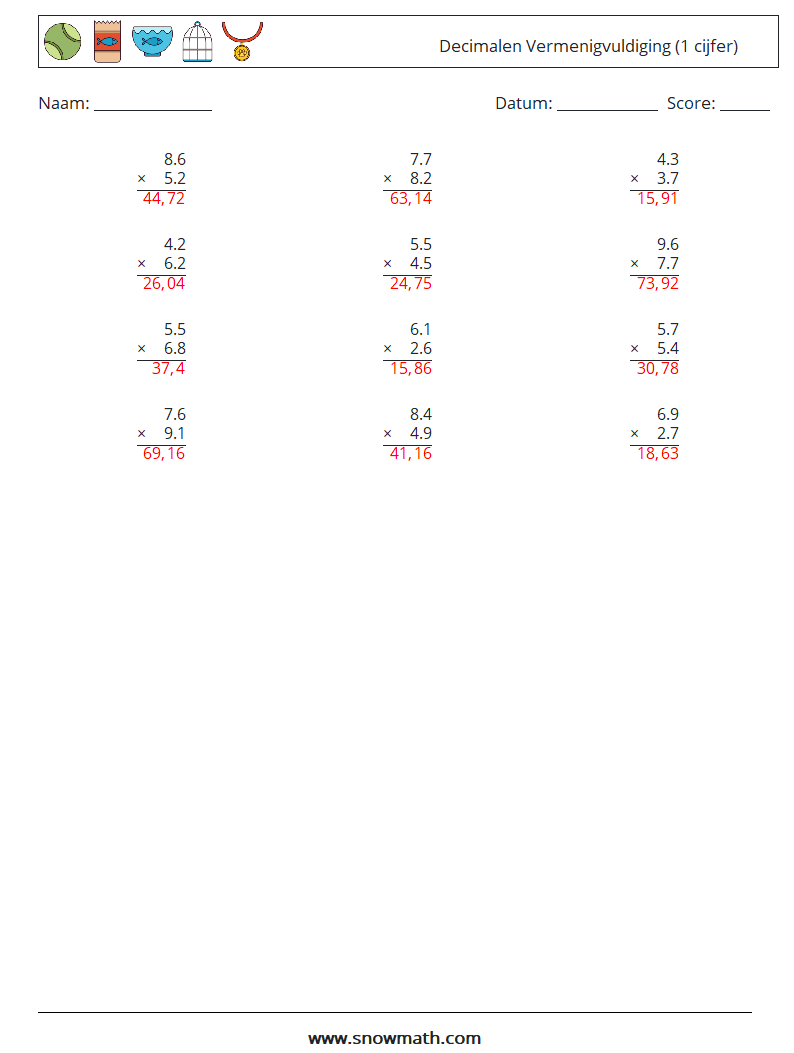 (12) Decimalen Vermenigvuldiging (1 cijfer) Wiskundige werkbladen 10 Vraag, Antwoord