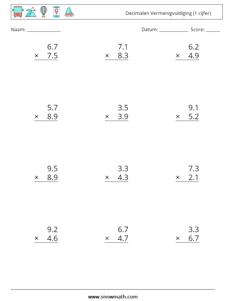 (12) Decimalen Vermenigvuldiging (1 cijfer) Wiskundige werkbladen 15