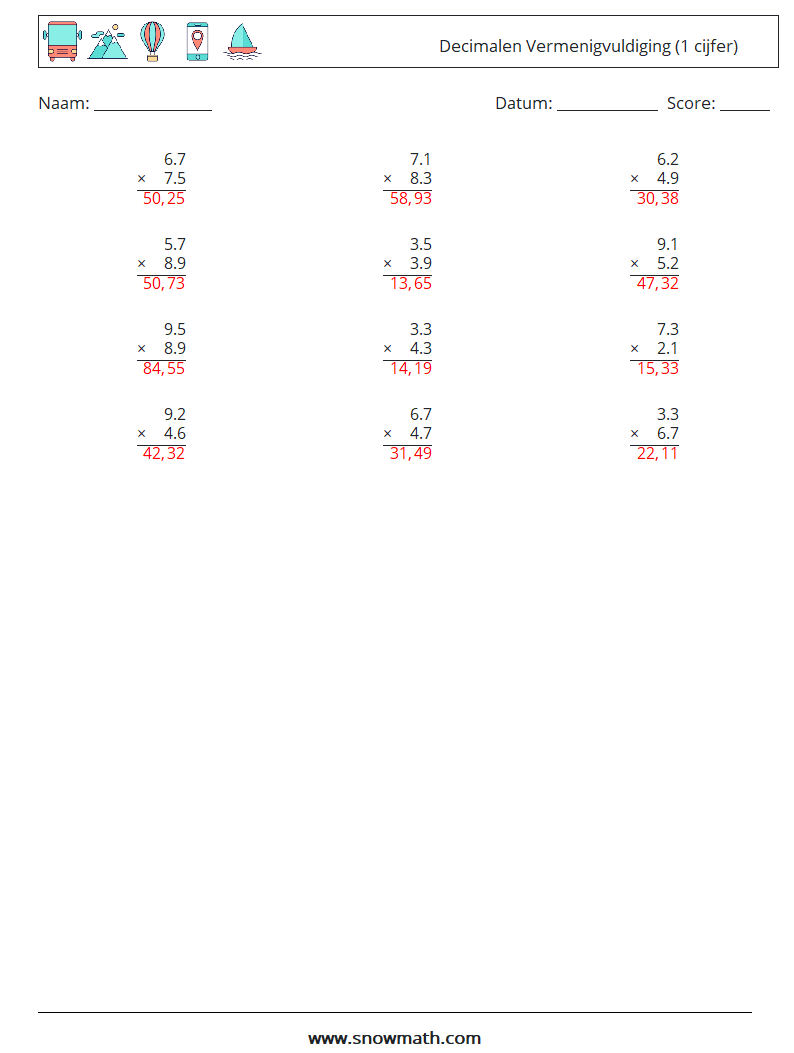 (12) Decimalen Vermenigvuldiging (1 cijfer) Wiskundige werkbladen 15 Vraag, Antwoord