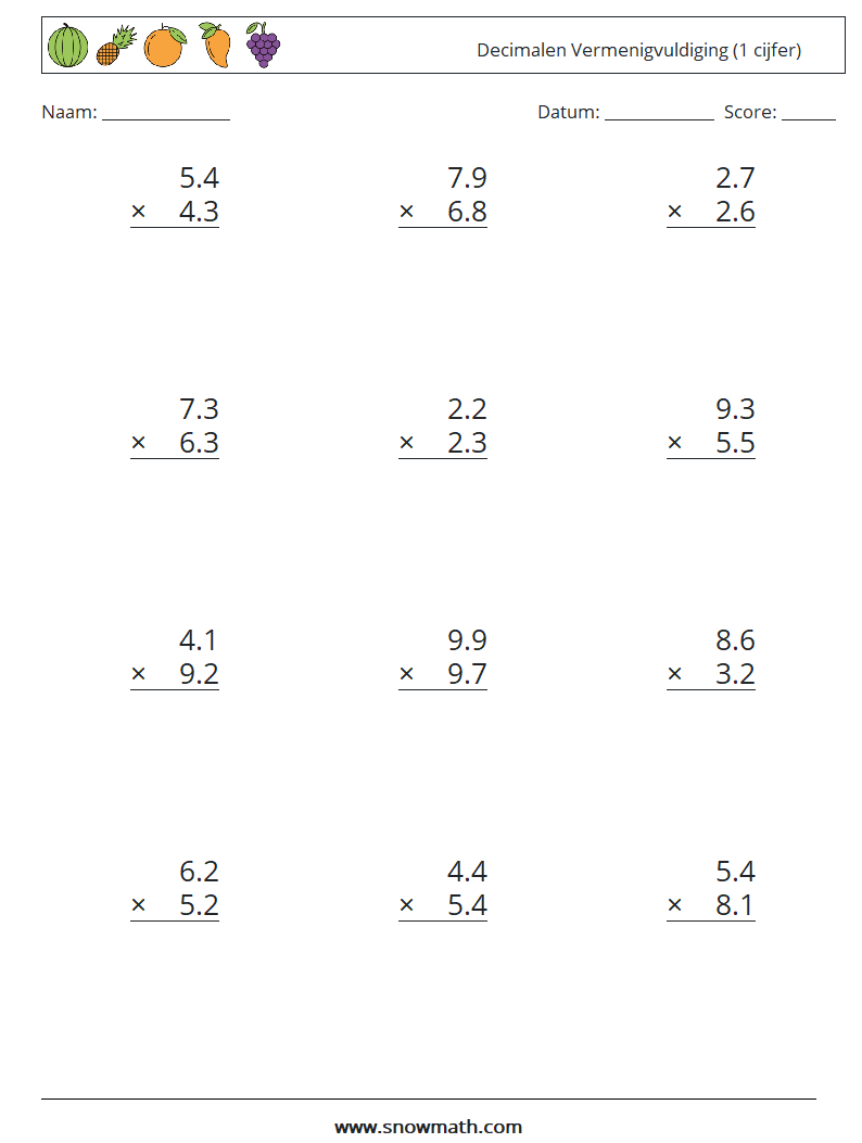 (12) Decimalen Vermenigvuldiging (1 cijfer) Wiskundige werkbladen 16