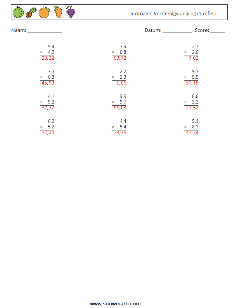(12) Decimalen Vermenigvuldiging (1 cijfer) Wiskundige werkbladen 16 Vraag, Antwoord